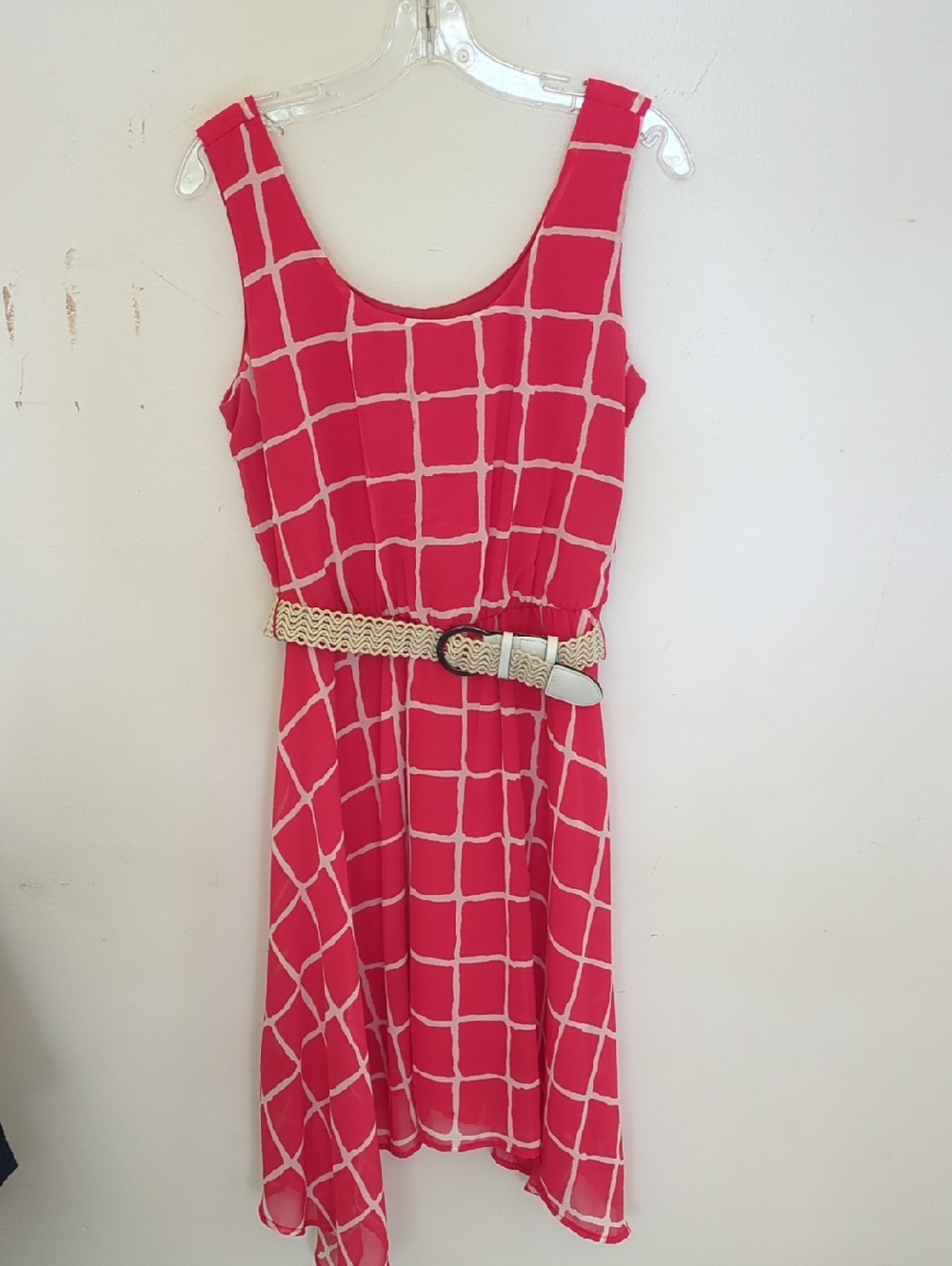 Cato Coral Cream Windowpane Grid Handkerchief Dress w/Belt Size 12 Fit & Flare